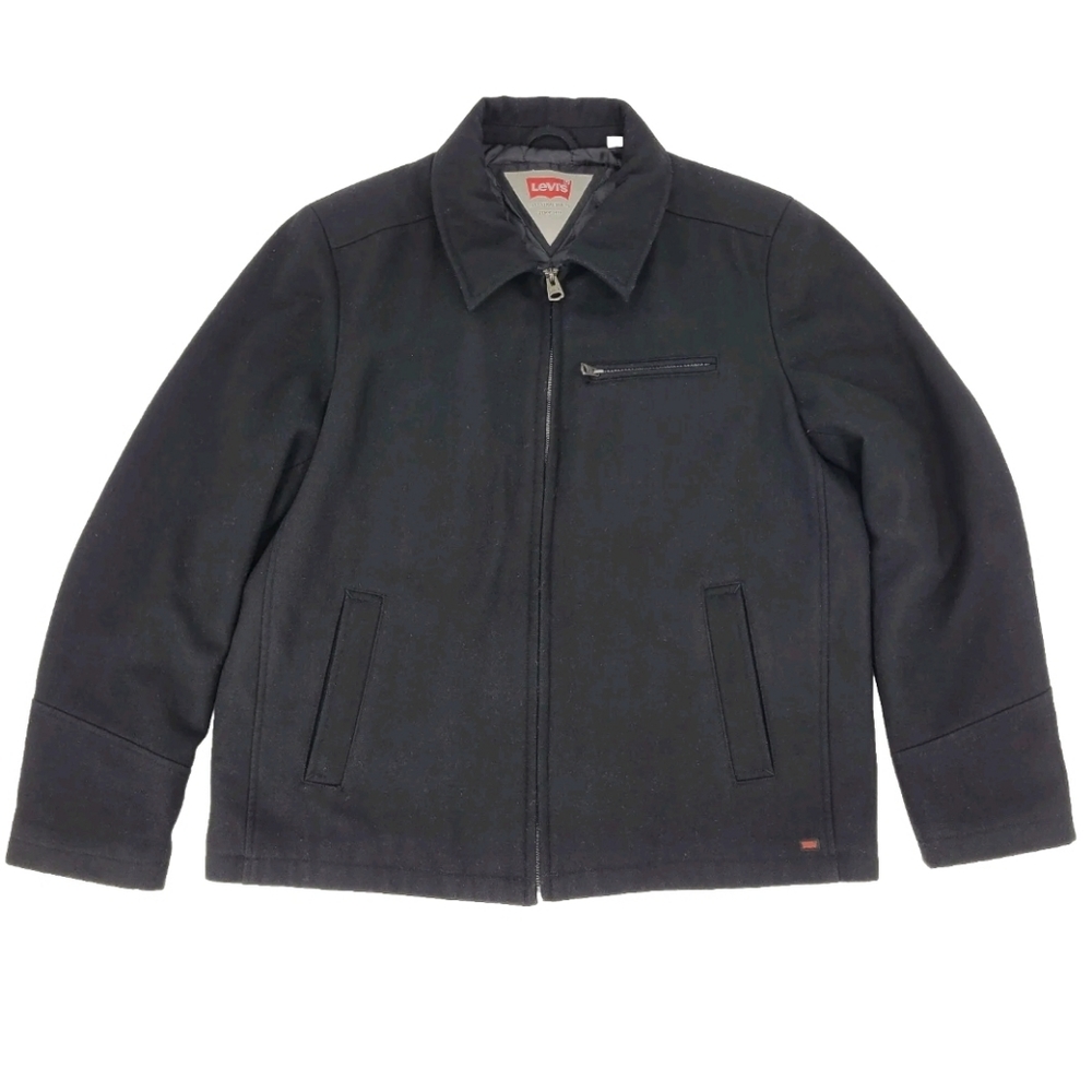 Levi's Coat Black Wool Blend Full Zip Pockets Collar Quilted Lined Mens Size XL
